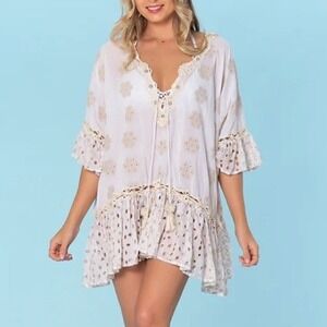 Ranees Embroidered Pearl Cotton‎ Tunic Mini Dress Swim Cover Small Boho Resort